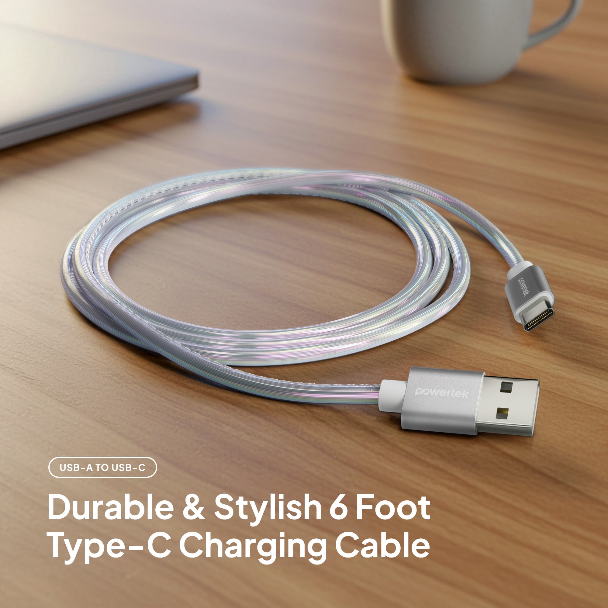 Powertek USB-A to USB-C (Type-C) Metallic Shine Pastel Charging Cable, 6 ft, Silver