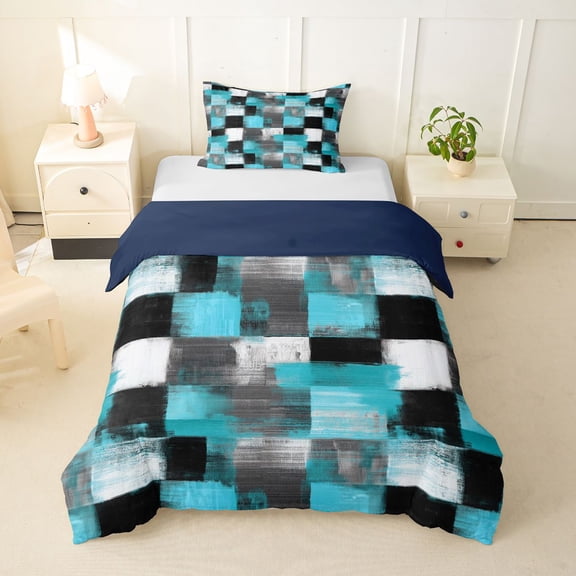 Homewish Vintage Blue Checkered Twin Duvet Cover,Grunge Abstract Art Twin Bedding,Navy Blue Reversible,2-Piece,1 Duvet Cover and 1 Pillowcase