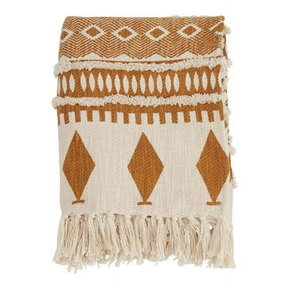 Saro Lifestyle Geometric Print & Fringed Cotton Throw Blanket Saffron