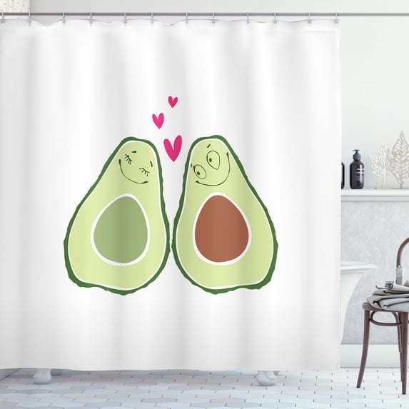 Avocado Shower Curtain, Cute Doodle Alligator Pear Couple in Love Wedding Theme Happy Characters, Fabric Bathroom Set with Hooks, 69W X 84L Inches Extra Long, Pink Green Pale Brown, by Ambesonne