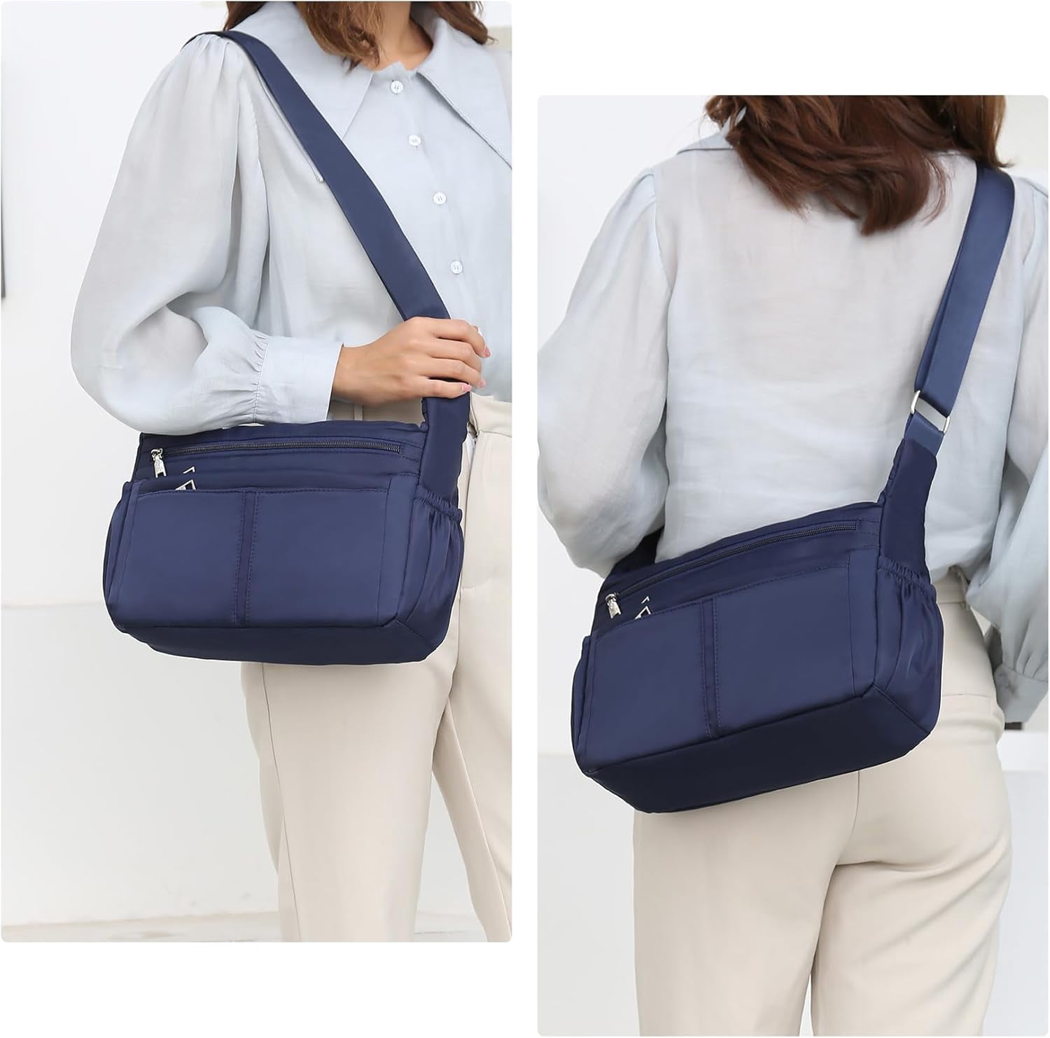 Women Shoulder Bag Multi-Pockets Handbag Water-Resistant Nylon Crossbody Bags Large Purses Lightweight Messenger Bag Black
