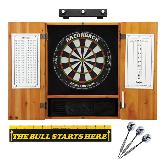 Viper Razorback Sisal Dartboard, Viper Underground Raven Steel Tip Darts 25 Grams, Metropolitan Oak Cabinet, Shadow Buster Dartboard Lights & "The Bull Starts Here" Throw Line Marker