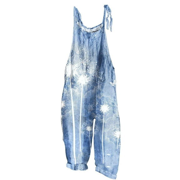 Usmixi Jumpsuits for Women Beach Comfy Lightweight Linen Adjustable Strap Loose Wide Leg Casual Long Jumpsuits Overalls Summer Formal Tie-Dye Print Round Neck Sleeveless Maxi Rompers Sky Blue m