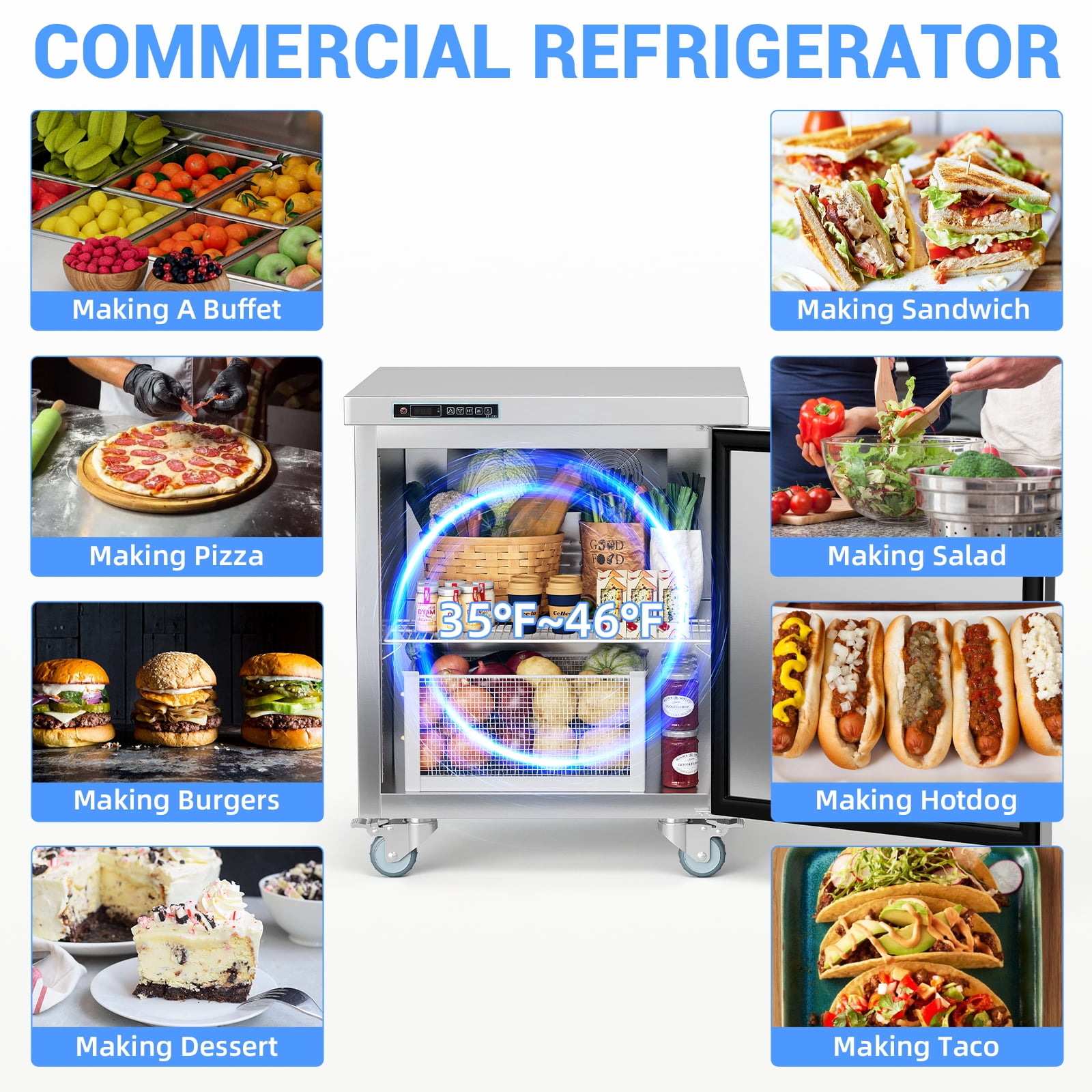 28" W 1 Door Refrigerator Sandwich & Salad Prep Table Commercial Top Refrigerator Stainless Steel Counter Fan Cooling-28 Large Capacity Inches for Restaurant