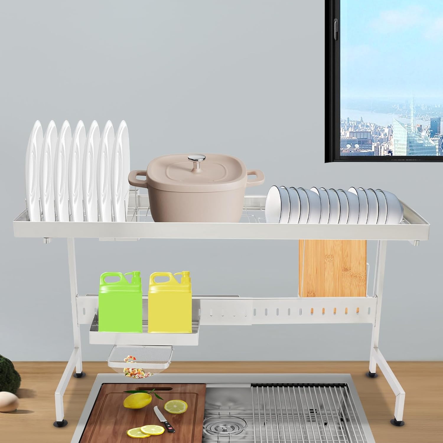 Over The Sink Dish Drainer Drying Adjustable Length Over Sink Dish Drying Rack, Multifunctional Kitchen Organizers, Can Be Placed Tableware, Cups, Cutting Board（88x26x50cm）