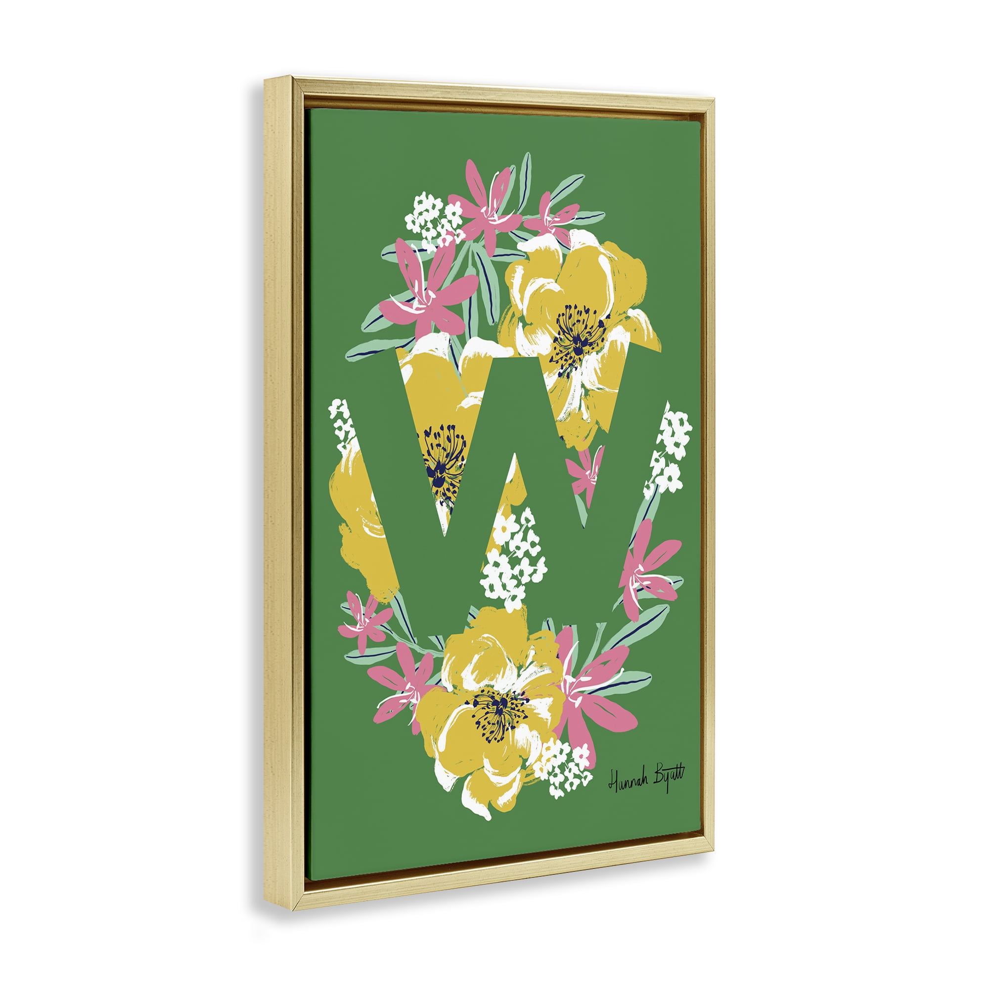 Stupell Industries Floral Bloom Letter W Botanical & Floral Painting Gold Floater Framed Art Print Wall Art, 17 x 25