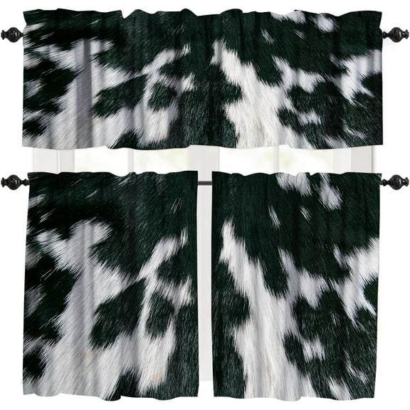 Vintage Cow Fur Window Valance,Black White Farm Animal Western Wildlife Fur Print for Kitchen Decor,3 Piece Set