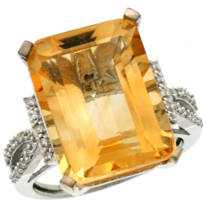10K White Gold Diamond Natural Citrine Ring Emerald-cut 16x12mm, sizes 5-10 by WorldJewels