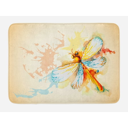 Dragonfly Bath Accessories Dragonfly Bath Mat, Watercolor Moth with Branch Print Wings on Abstract Backdrop, Non-Slip Plush Mat Bathroom Kitchen Laundry Room Decor, 29.5 X 17.5 Inches, Pale Yellow Peach and Orange, Ambesonne ()