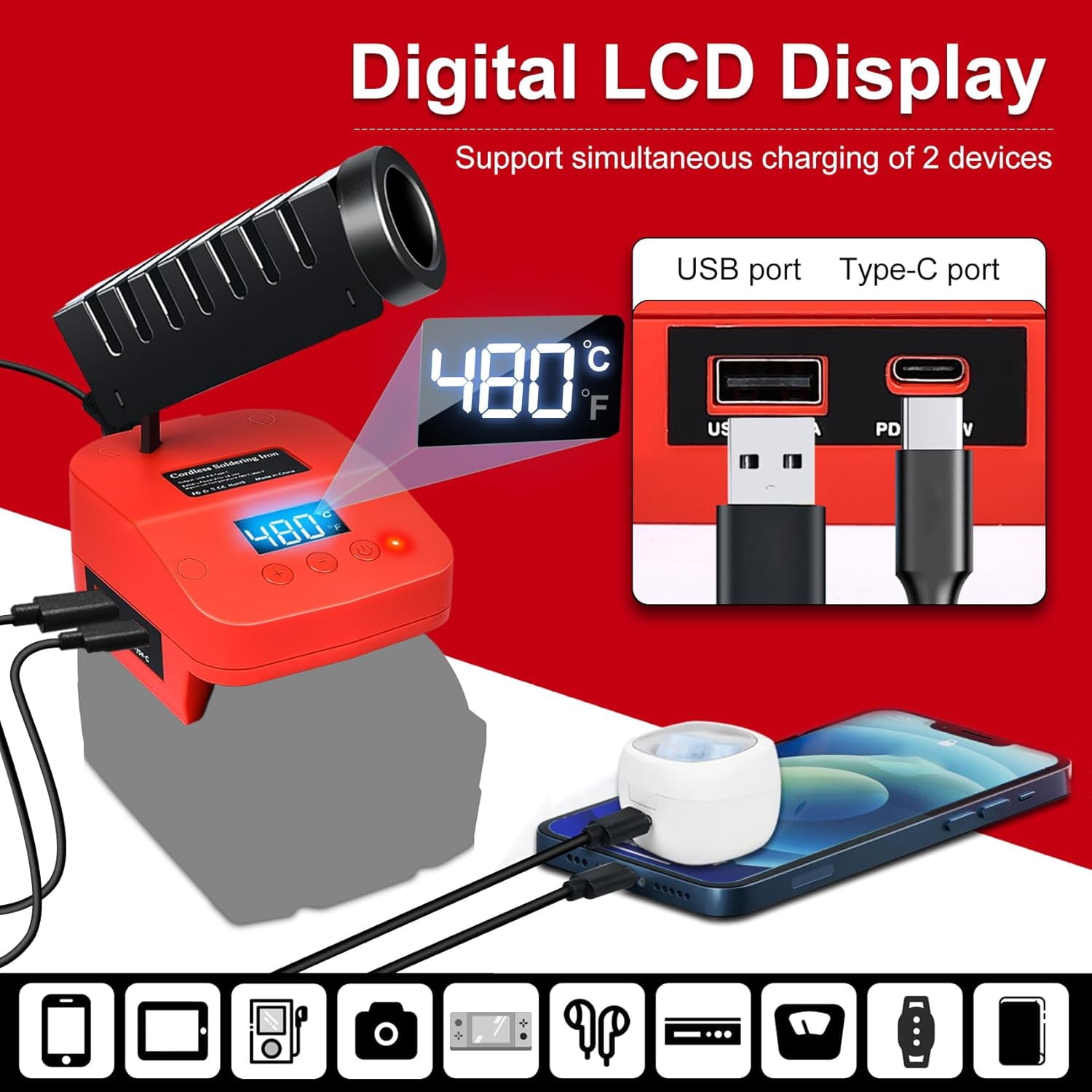 Soldering Iron Station Compatible with Milwaukee M18 18V Battery, Cordless Soldering Iron Kit with LCD Display, USB & Type-C, Battery Powered Soldering for DIY, Appliance Repair (Tools Only)