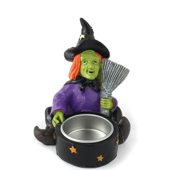 FastXmas Halloween Witch Tealight Holders, 3.5" Resin Witch with Broom Design Candlestick, Gothic Style Votive Tea Light Candle Holder Desktop Crafts Halloween Decorations for Table Centerpiece Party