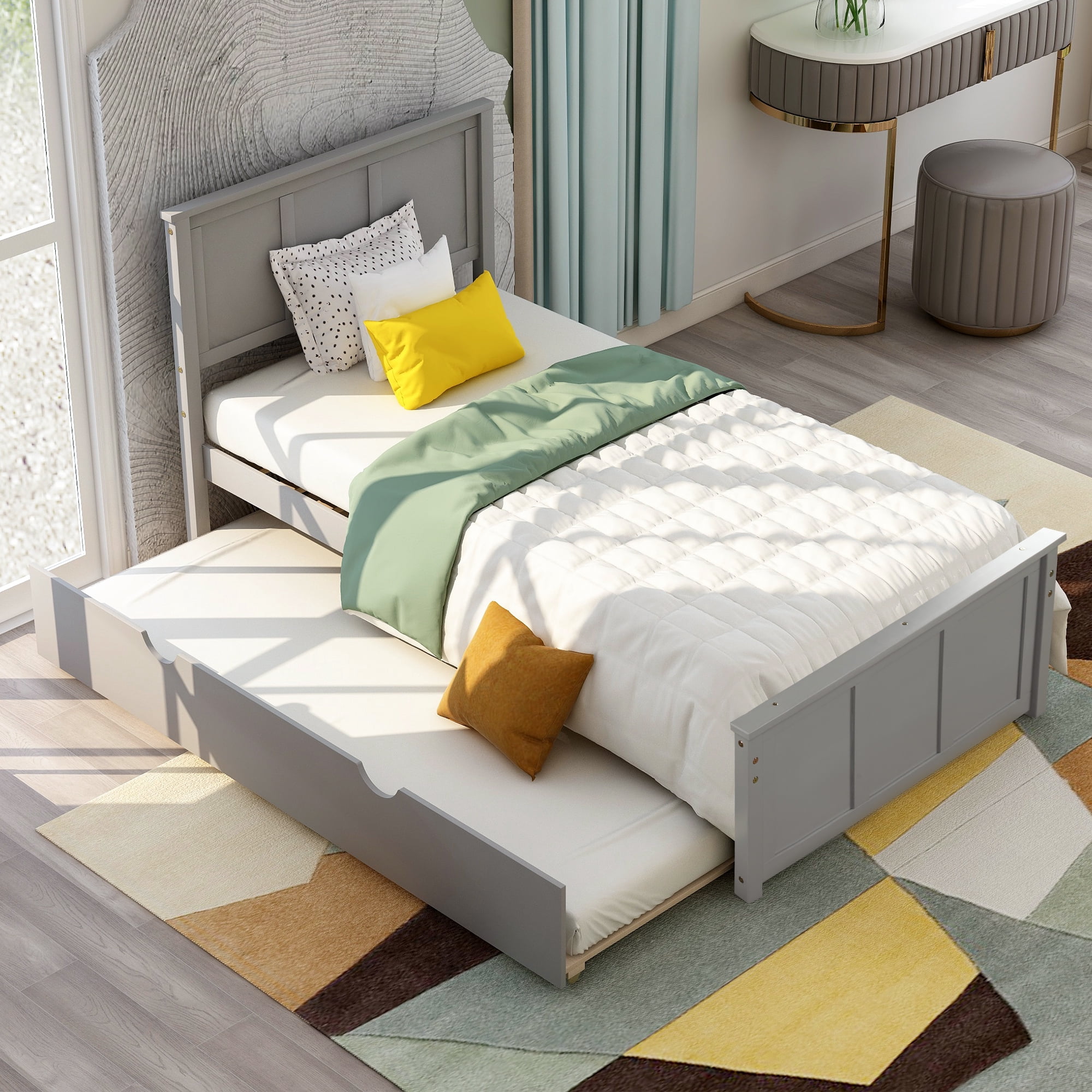 Euroco Modern Wood Twin Platform Bed with Headboard & Trundle for Kids Teens, Grey