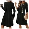 thumbnail image 3 of Women's Casual Sweater Dress Crew Neck Knit Long Sleeve Dress A-Line Knee Length Fall Winter Dress Black S, 3 of 6