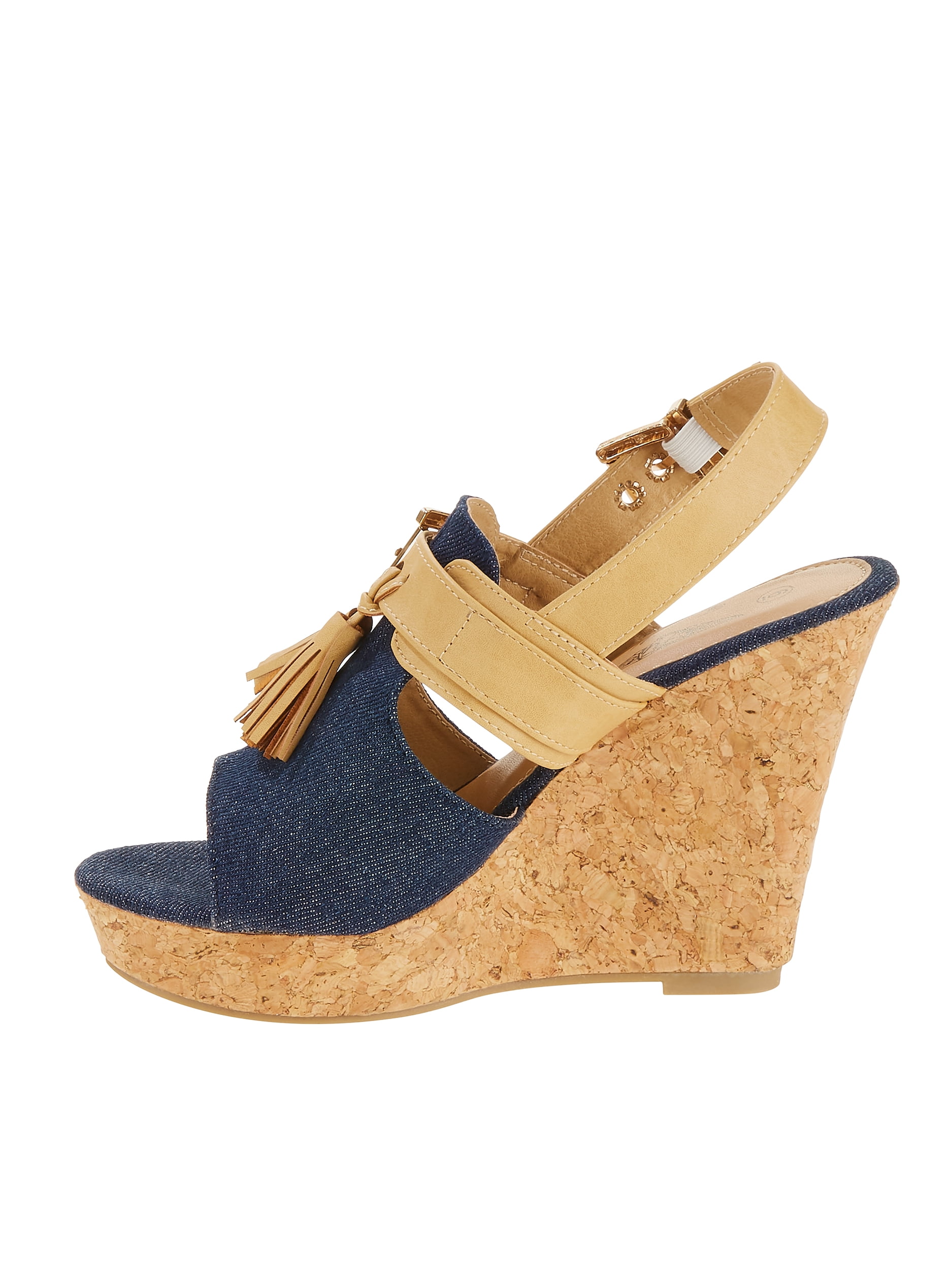 Forever Young Women's Denim Embellishment Wedges with Contrast Straps, Buckles and Tassels