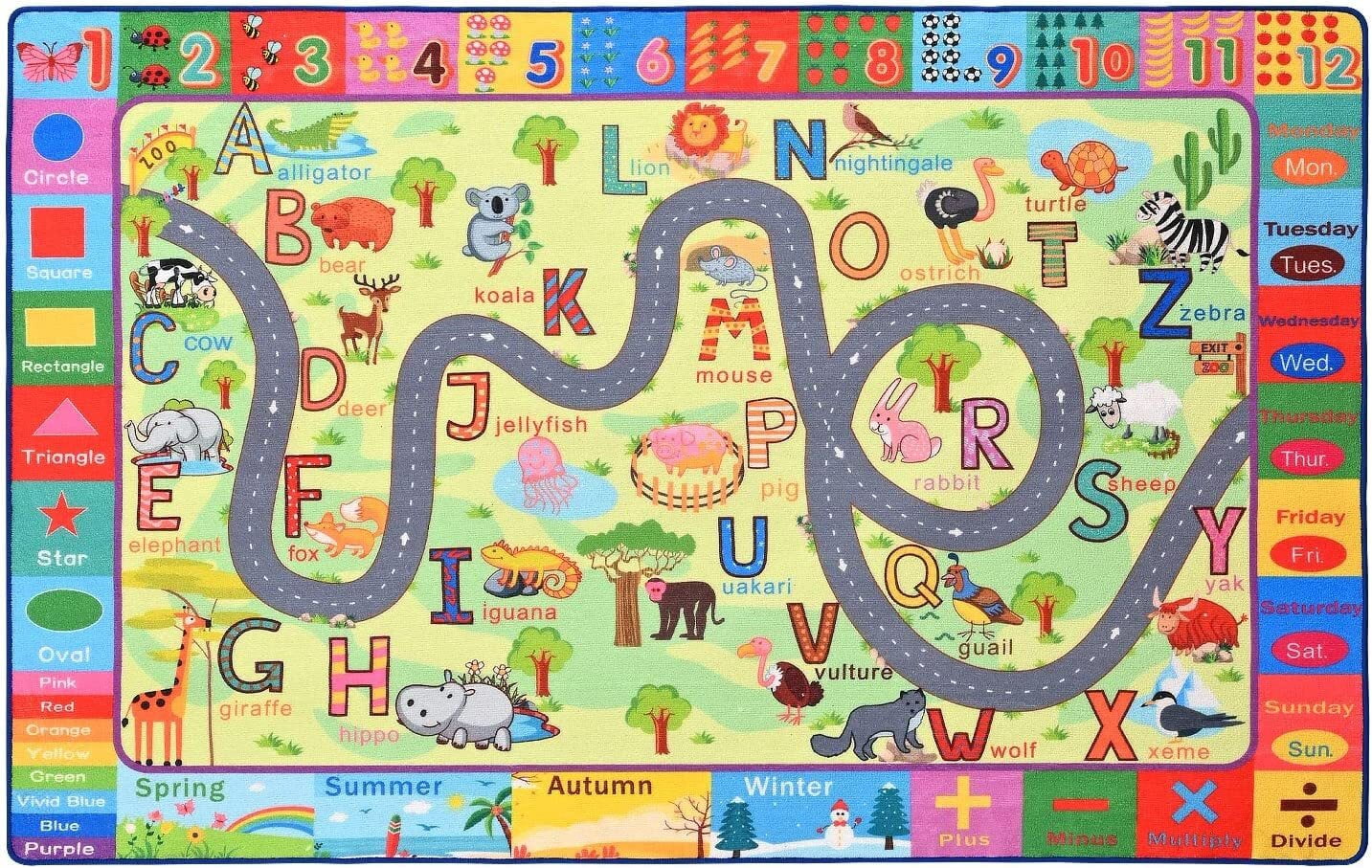 Dwelke Kids Rugs Animals Zoo Carpet Play Rug for Playroom ABC Educational Mat Alphabet Area Rug, 4'x6'