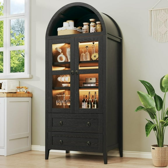 71" Tall Arched Kitchen Pantry, Arched Cabinet with LED Lights, Kitchen Storage Cabinets with 2 Large Drawers & Adjustable Shelves & Glass Door for Living Room, Dining Room, Black