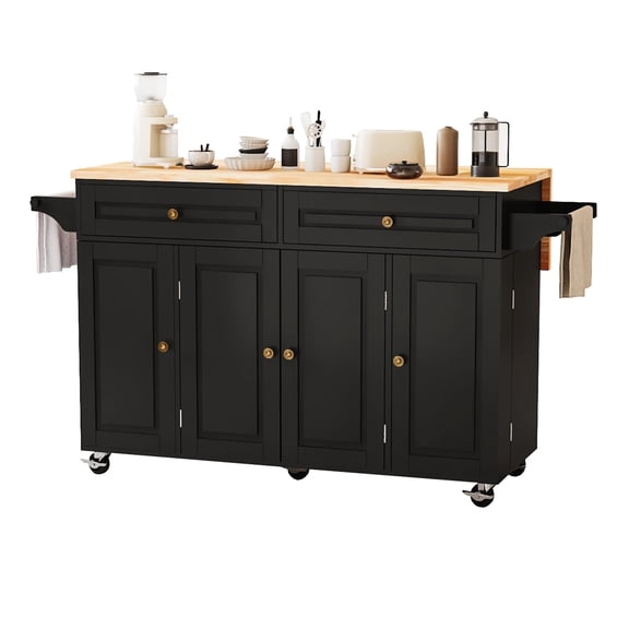 JassmiPkwy 59’’ Rolling Kitchen Island Cart with Drop Leaf and Power Outlet, Movable Kitchen Islands with 3-Tier Door Storage Shelf, Island Table on Wheels, 2 Large Drawers, Towel Racks, White