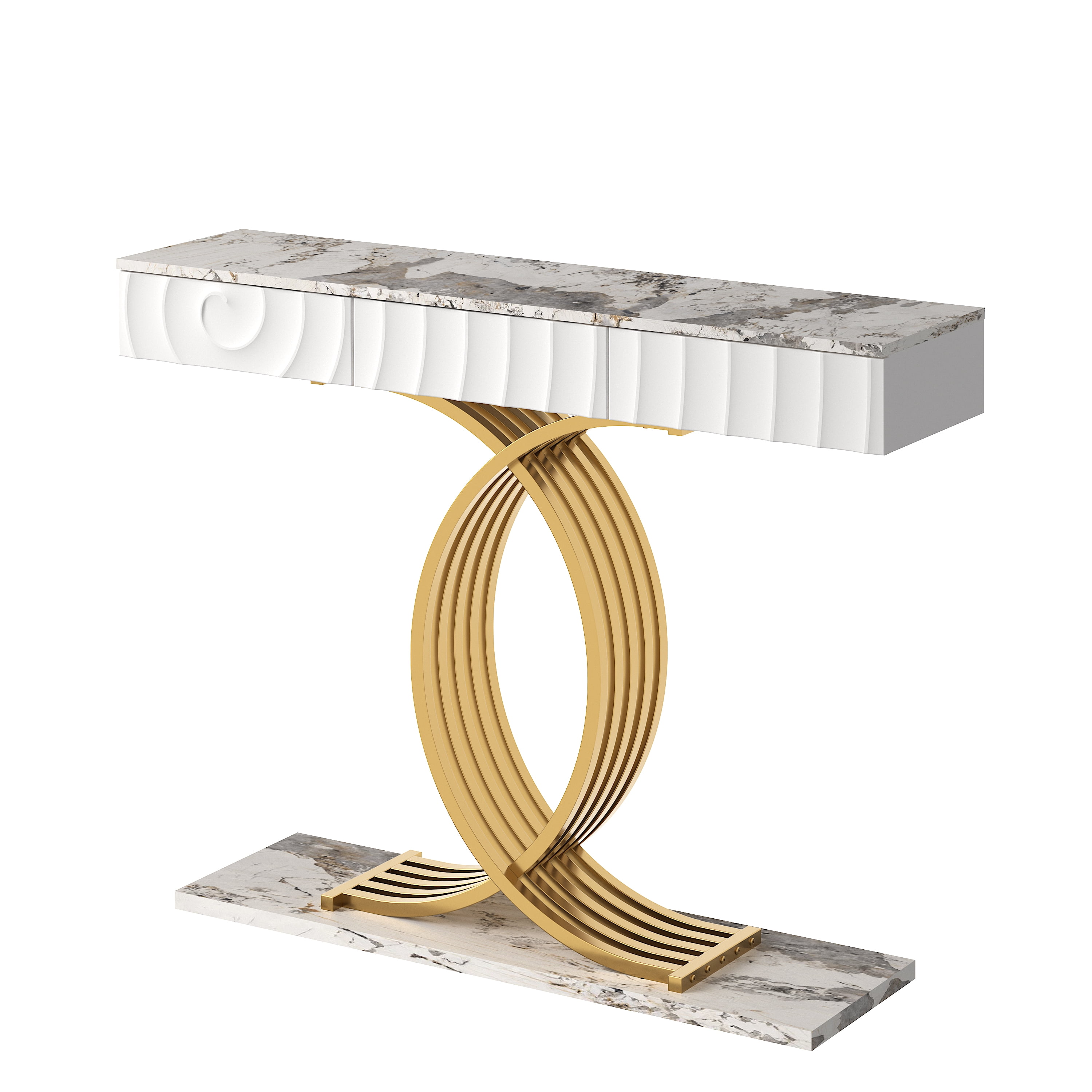 Aukfa 47.3" Console Table with 3 Drawers, Modern Narrow Sofa Table with Sculptural Metal Base for Entryway Hallway & Living Room,White