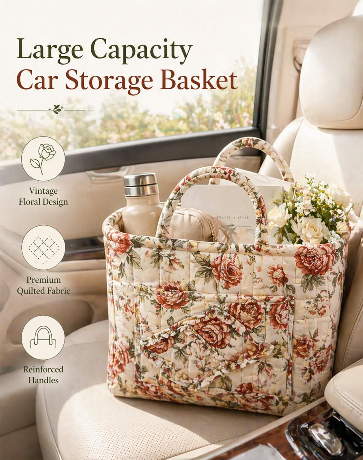Car Storage Basket Organizer, Large Capacity Foldable Car Organizer with Handles, Quilted Fabric Auto Storage Bin for Trunk, Back Seat, Road Trips, Groceries, Toys & Accessories (Style-A)
