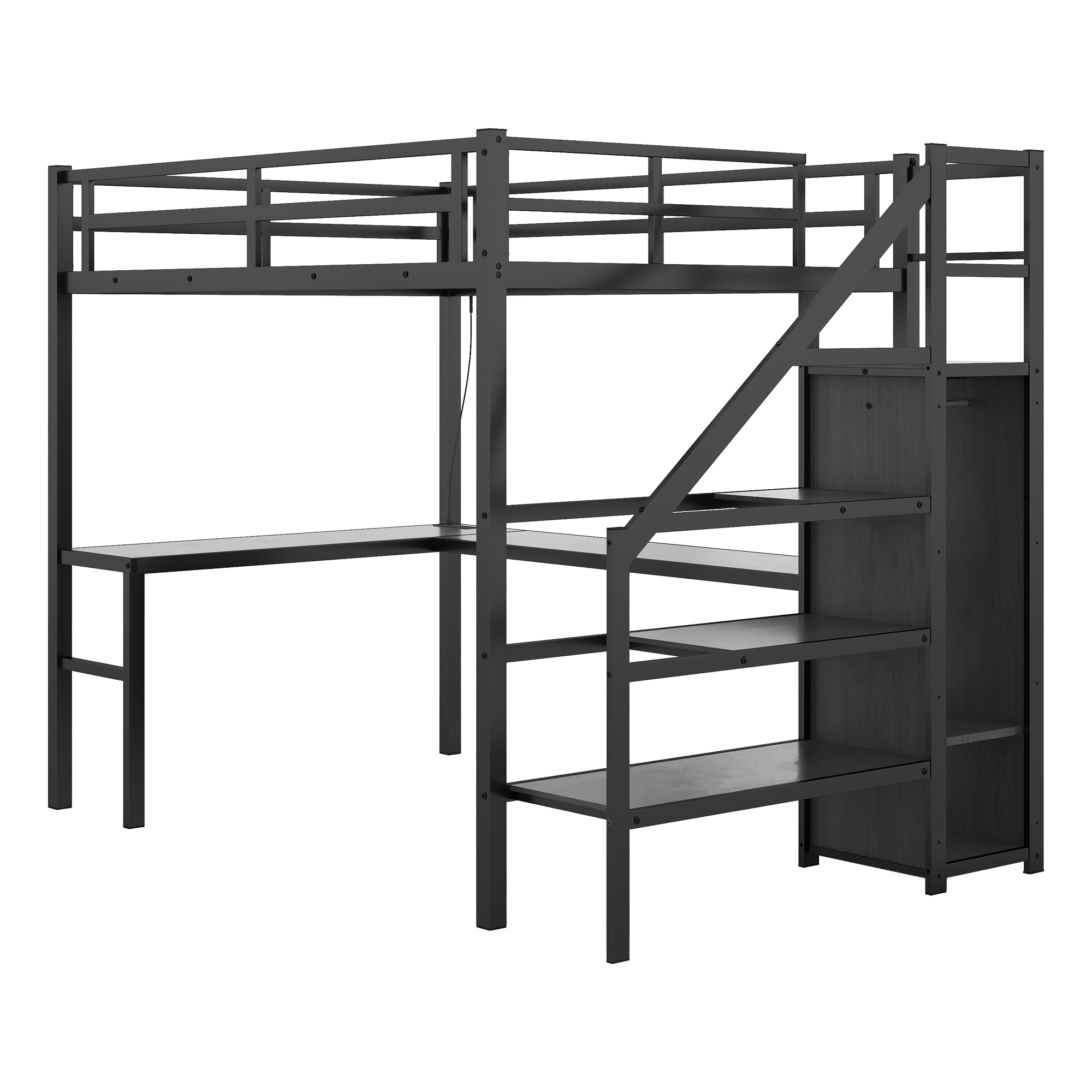Aukfa Full Size Loft Bed with Desk and Wardrobe, Metal Loft Bed with USB Ports, LED Light and Staircase for Kids Teens - Black