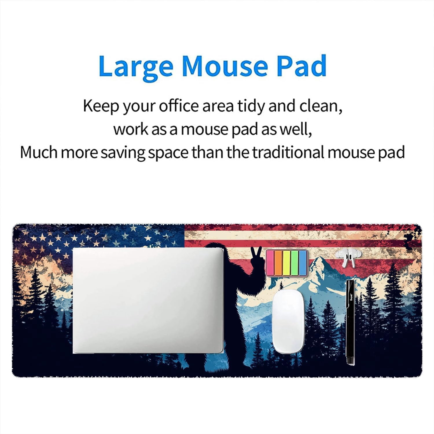 American Flag Bigfoot Desk Mat Forest Mountain Extended Gaming Mouse Pad Mat with Stitched Edge Non-Slip Base Big Mouse Pad Office Computer Keyboard Laptop Home 35.4"x15.7"