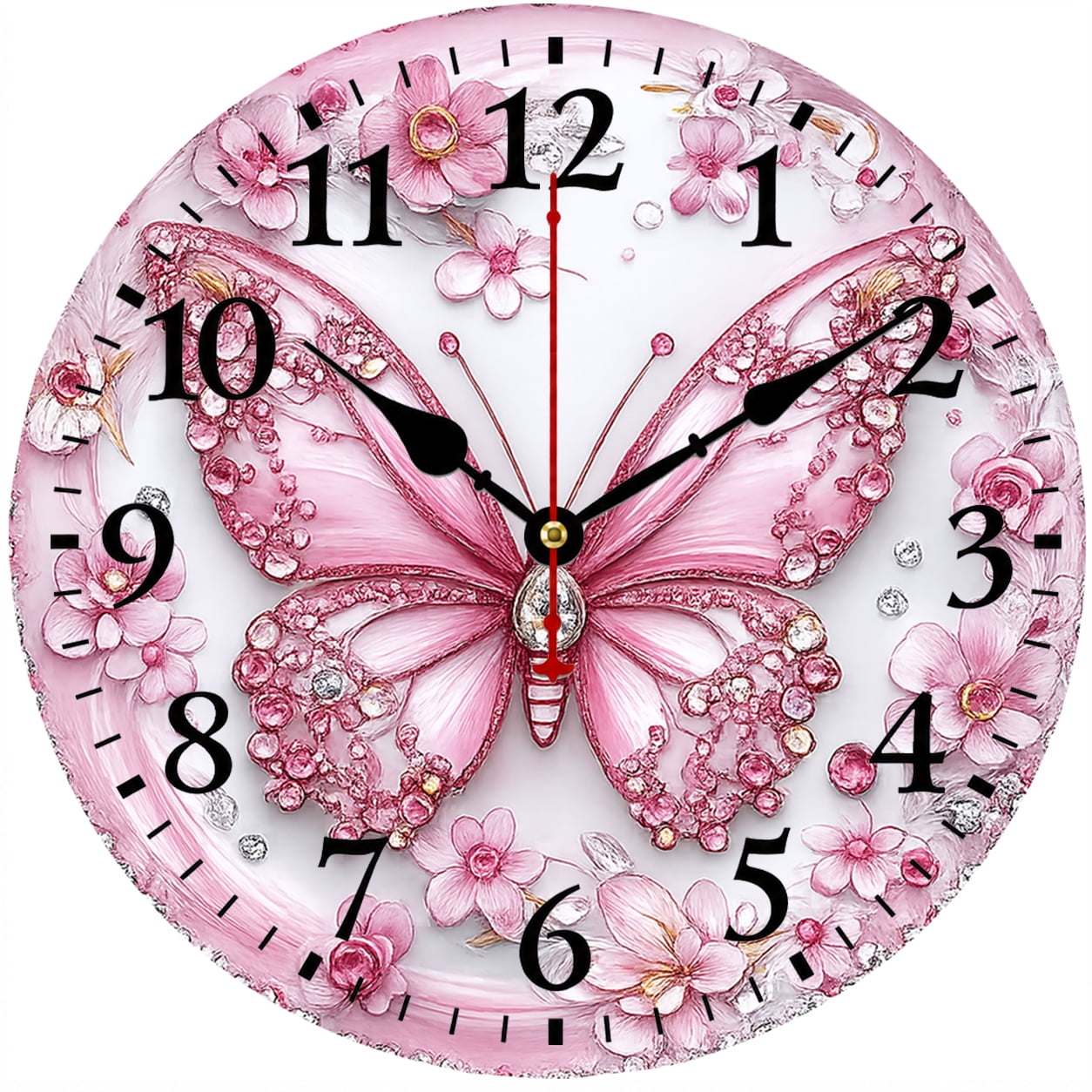 Pink Butterfly Wall Clock 9.84 Inch, Floral Decorative Battery Operated Analog Clock with Easy to Read Numbers for Girls Bedroom Living Room Kitchen Office