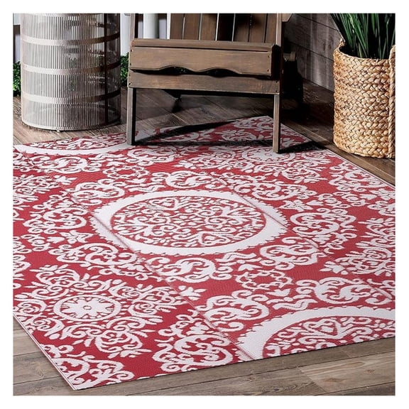 Outdoor Rug, Plastic Straw Foldable Area Rug Indoor Outdoor Carpet for Patio Decor Balcony Camping Picnic RV, 6 ft x 9 ft, Red and White