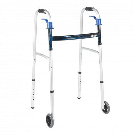 Drive Deluxe Trigger Release Folding Walker with 5 Inch Wheels - Blue, Aluminum Frame, 32 to 39 Inch Adjustable Height, 5 Inch Casters, 350 lbs. Weight Capacity