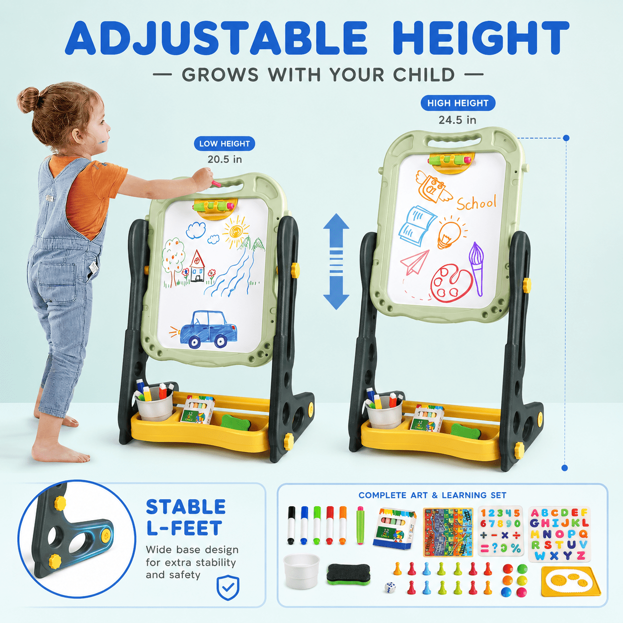 Huge Wave Easel for Toddlers, Double Sided Magnetic Drawing& Learning Board for Girls Boys 2-6 Years, Adjustable Height, Christmas Birthday Gifts for Kids