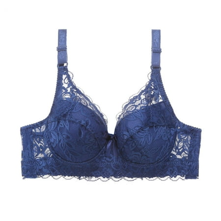 

QWERTYU Womens Wireless Bras Lace Push Up Full Coverage T Shirt Bra Blue 40B