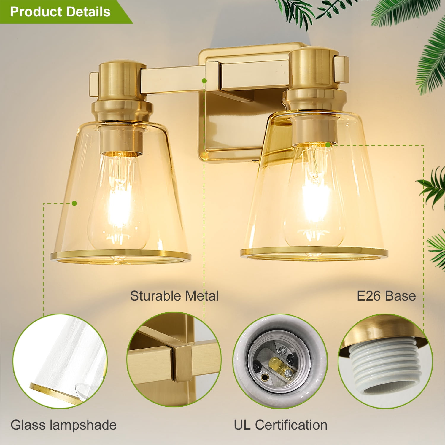 Deyidn 2-Light Gold Mid Century Modern Wall Sconce Vanity Lights with Clear Glass Shades