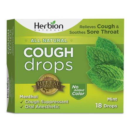 Herbion Naturals Cough Drops with Natural Mint Flavor, 18 Drops, Oral Anesthetic - Relieves Cough, Throat, Bronchial Irritation, Soothes Sore Mouth, For Adults and
