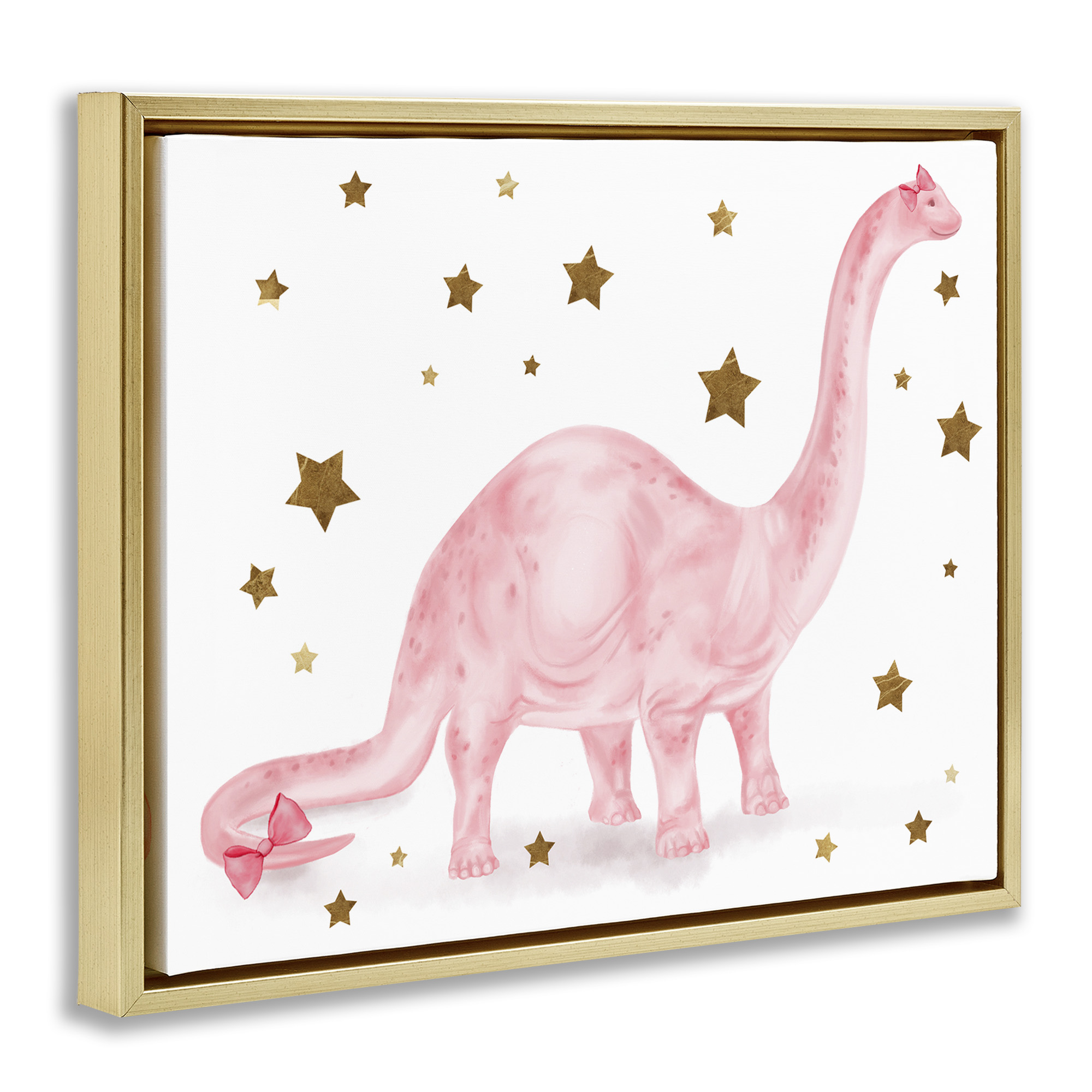 Stupell Industries Pink Dinosaur with Gold Stars Animals & Insects Painting Gold Floater Framed Canvas Art Print Wall Art, 21 x 17