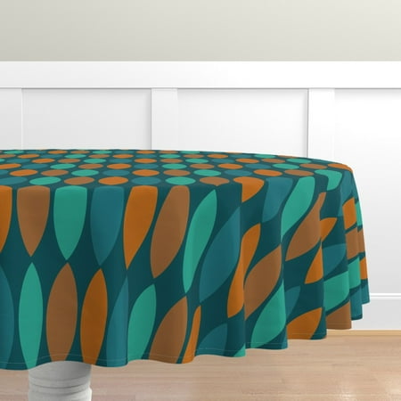 

Cotton Sateen Tablecloth 90 Round - Mod Leaves Orange Teal Mid Century Modern Leaf Pod Minimal Rust Copper Brown Almond Autumn Print Custom Table Linens by Spoonflower
