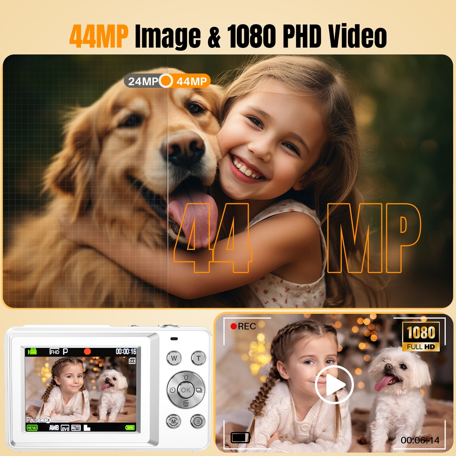 Digital Camera with 32GB TF Card, 1080P Full HD Kids Camera, 44MP & 16X Digital Zoom, Compact Point and Shoot Camera, Portable Small Cameras for Boys Girls Beginners (White)
