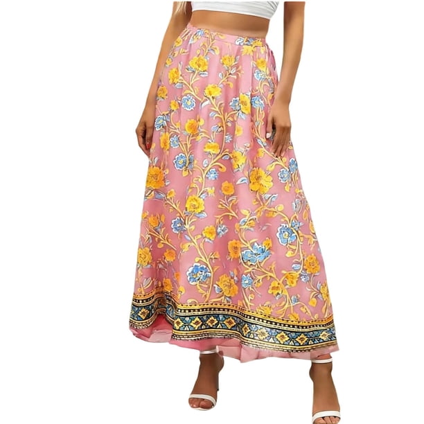 Faldas de Mujer Midi Gasa Floral Impresa Falda de Verano para las Mujeres, Falda Midi Casual con Cintura Elástica Suelta Ajuste, Falda Ligera de Playa Flujo para el Uso Diario
