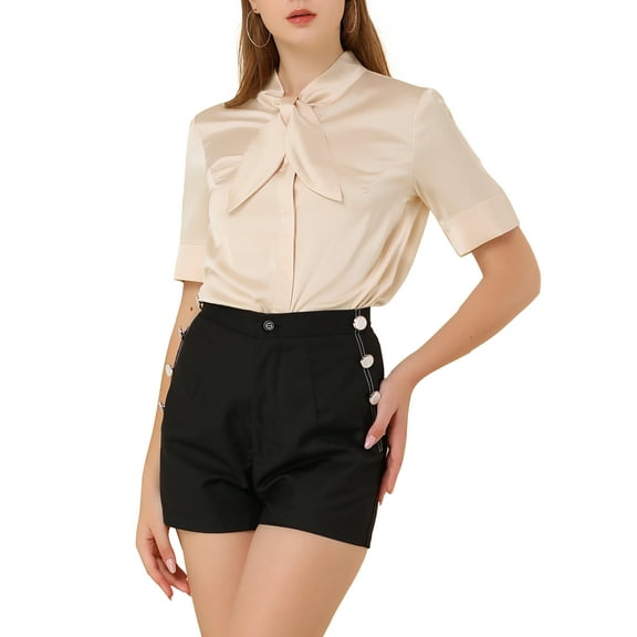 INSPIRE CHIC Women's Elegant Satin Tie Neck Blouse Office Short Sleeve Button Down Shirt XS Beige