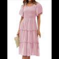 thumbnail image 3 of Vestido Midi Informal de Verano para Mujer, con Mangas Abullonadas, Cuello Cuadrado y Fruncido Gris Rosado Pálido M, 3 of 9