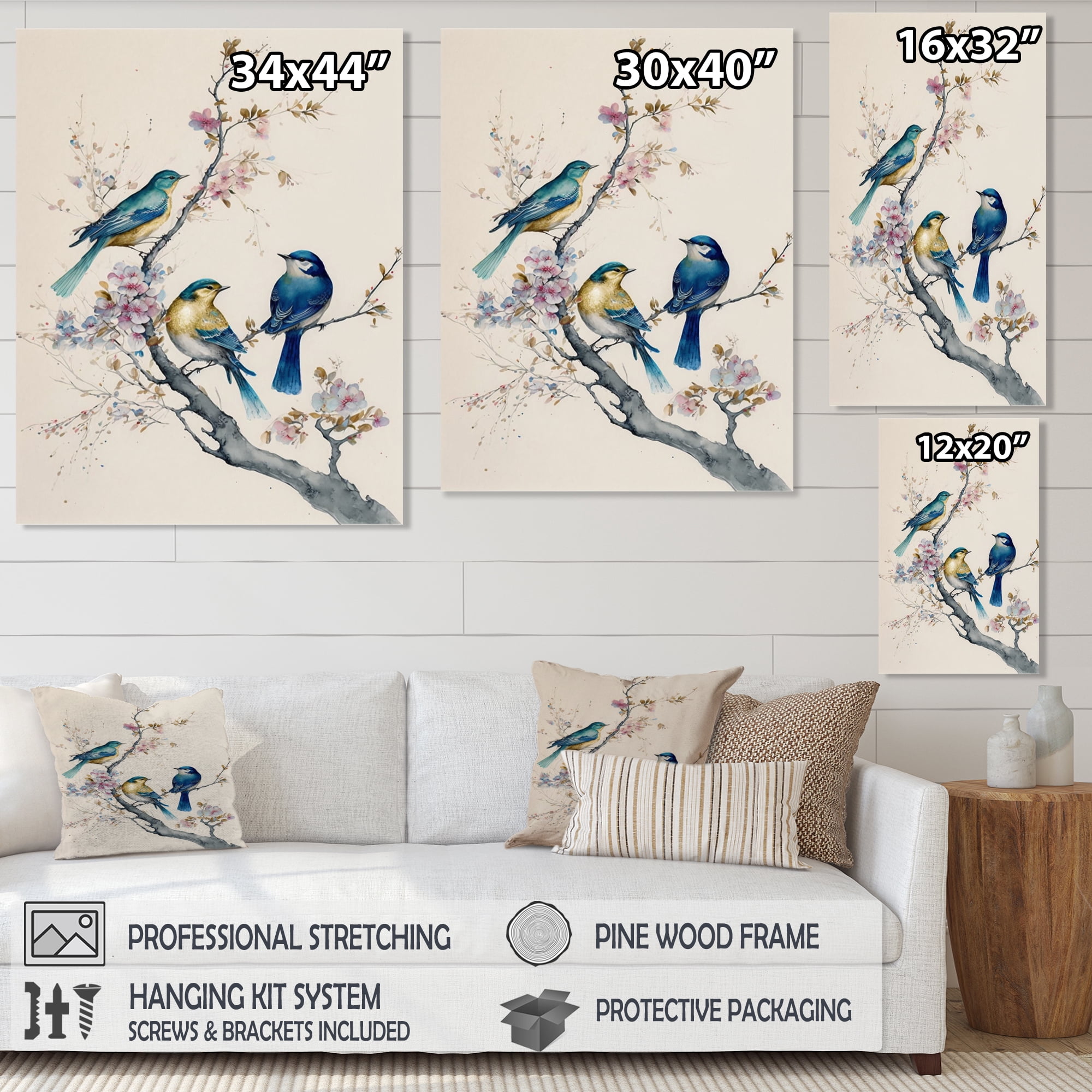 Designart Multicolor Birds On Plum Blossoms Tree III Canvas Wall Art
