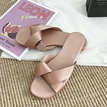 

Hawee Women Girls Faux Leather Slide Sandals Wide Cross Casual Flats