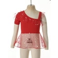 thumbnail image 3 of iiniim Girls Belly Dance Top Kids Single Short Sleeve Mesh Patchwork Polka Dots Sequins Dance Shirts Red 3-4, 3 of 7
