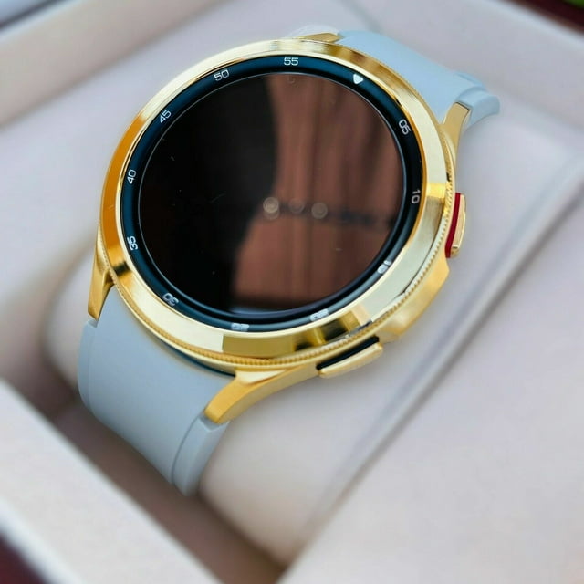 Custom 24k Gold Plated 42mm Samsung Galaxy Watch 4 POLISHED Gold Bezel Gray Band