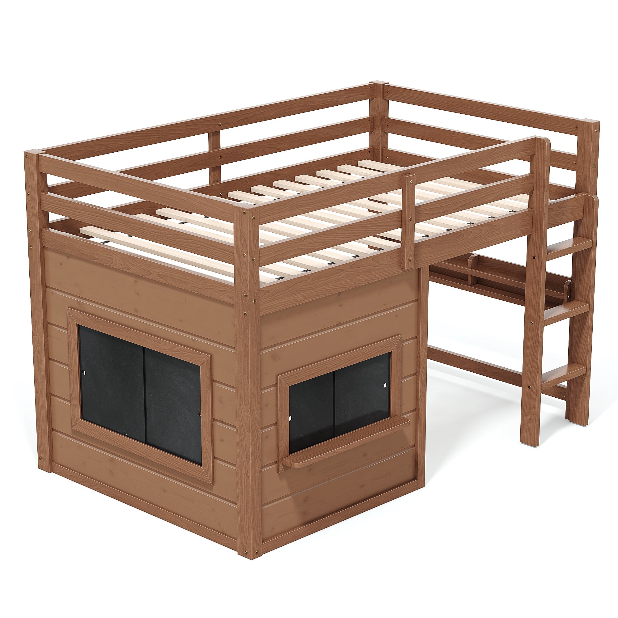 Leumius Twin Size Loft Bed with Storage Shelves,Solid Wood Low Loft Bed Frame with Chalkboard and Bookshelf,Space Saving,Natural