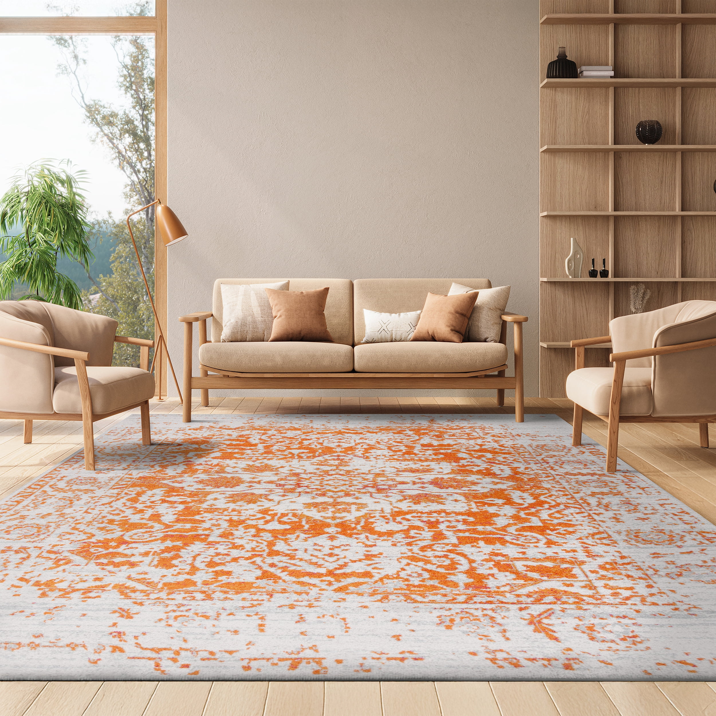 SAFAVIEH Madison Katina Traditional Area Rug, Orange/Ivory, 6'7" x 9'2" - Traditional Design, Orange & Ivory, Non-Shedding & Easy Cleaning, Ideal for Living Room, Bedroom, Dining Space