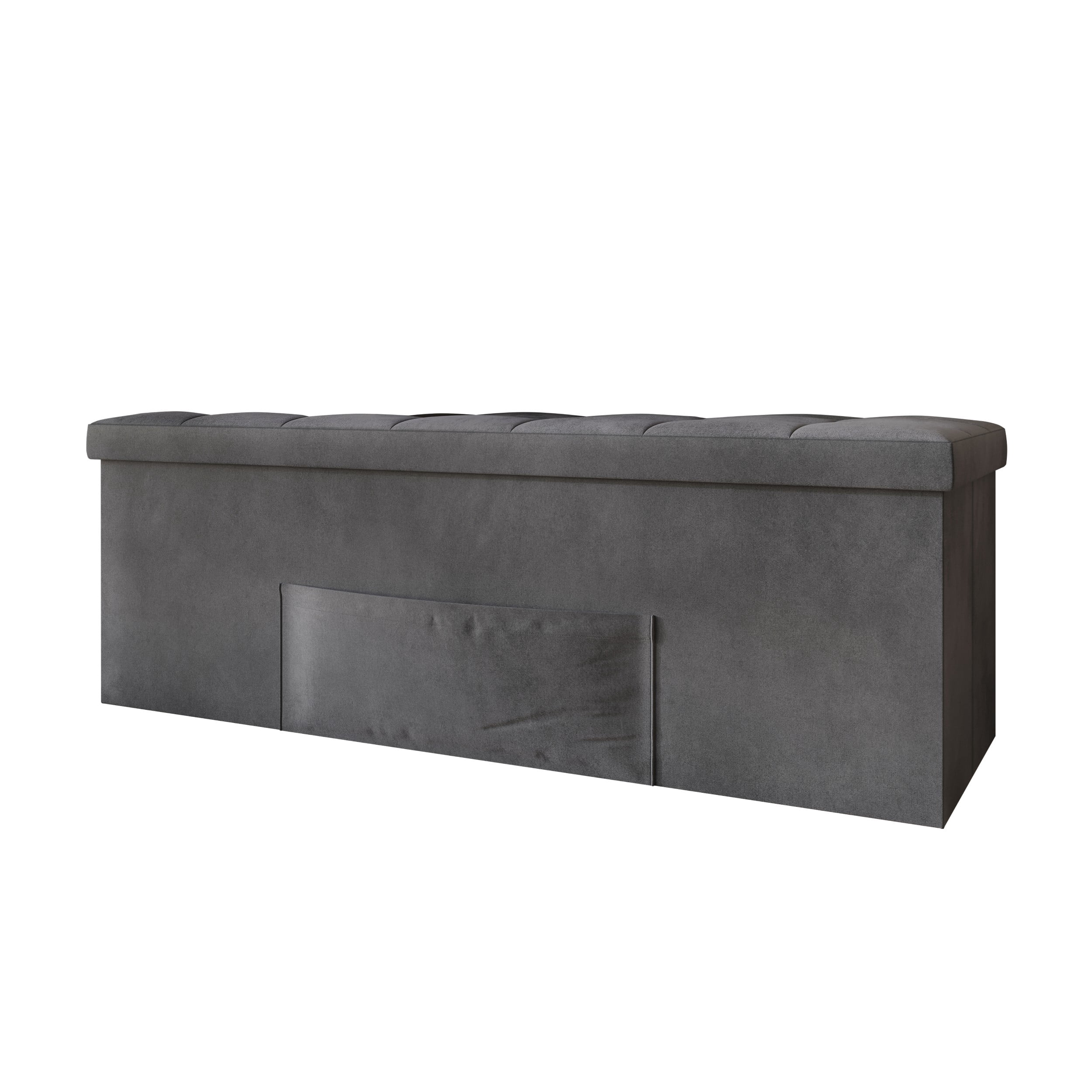 Home Design Chico 42" Tufted Upholstered Folding Storage Bench with Deep Cushion and Front Pocket, Multi-Purpose Rectangular Design for Bedroom, Entryway, or Living Room, Dark Gray