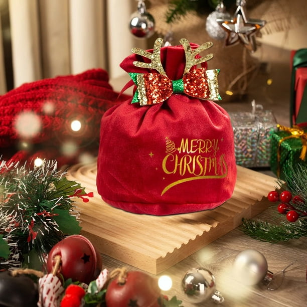 Bolsa de regalo navideña de terciopelo | Pequeña bolsa navideña roja y verde para dulces y regalos | Bolsa de tela reutilizable con asa | 10 x 13 cm