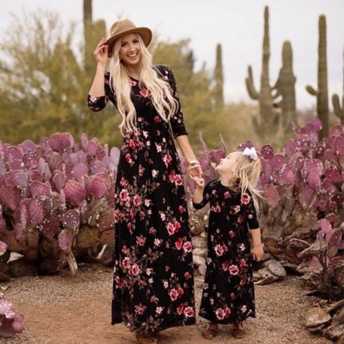 Honganda Mother And Daughter Casual Boho Floral Maxi Dress Mommy me Matching Outfits Onesize