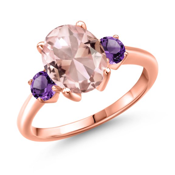 Gem Stone King 2.82 Ct Oval Peach Nano Morganite Purple Amethyst 18K Rose Gold Plated Silver Ring (Size 6)
