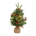 thumbnail image 1 of 18 inch Prelit Mini Christmas Tree, Artificial Xmas Tree with 20 LED Lights Red Berries Burlap Base, 1 of 9