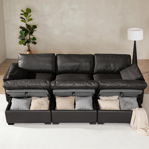 120" Oversized Modular Sectional Sleeper Sofa Couch with Storage, Faux Leather Modular Couch Convertible Sectional Sofa for Living Room, Black